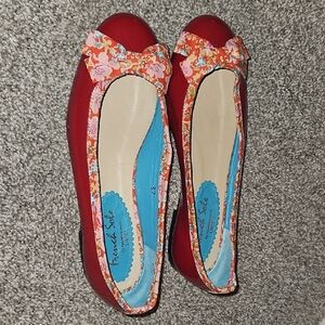 French Sole Red Floral Bow Flats Slid-on Size 37 Made In Spain
